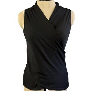 W5 Sleeveless Wrap-Front Draped Tank Top M – Black Ribbed Rayon‑Poly Blend